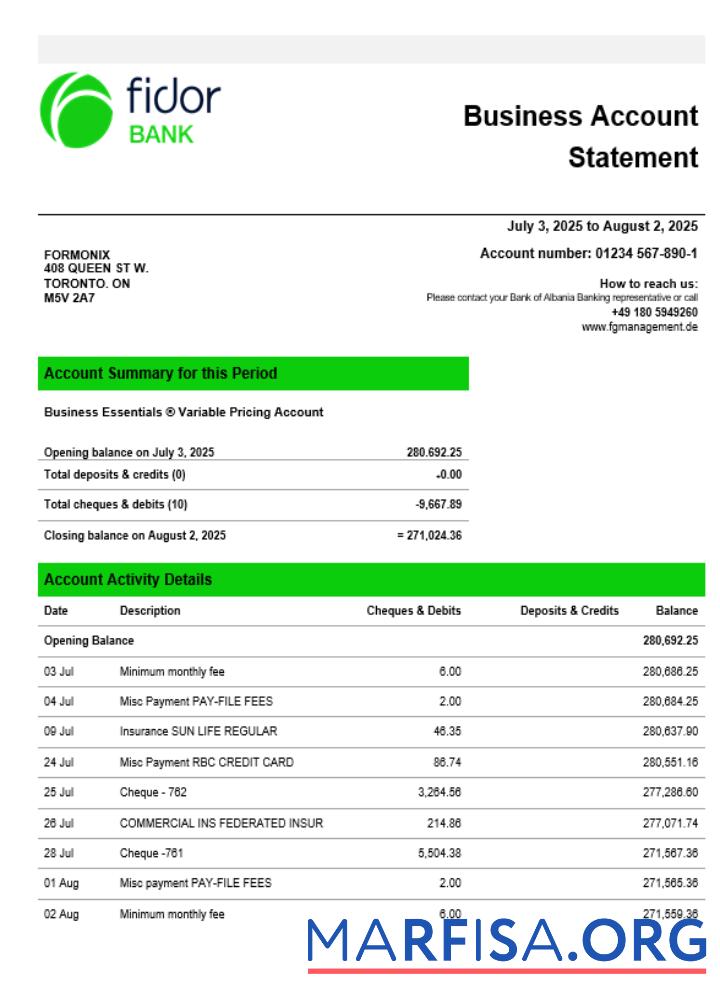 Downloadable Fidor bank business firm account statement Word snd PDF format sample